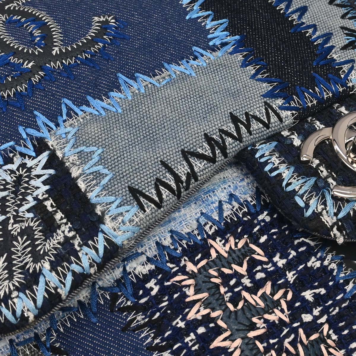 Chanel 2015-2016 Blue Tweed Patchwork Jumbo Shoulder Bag