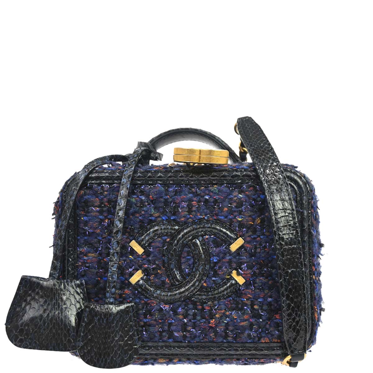 Chanel * Navy Black Tweed Python Filigree 2way Shoulder Vanity Handbag