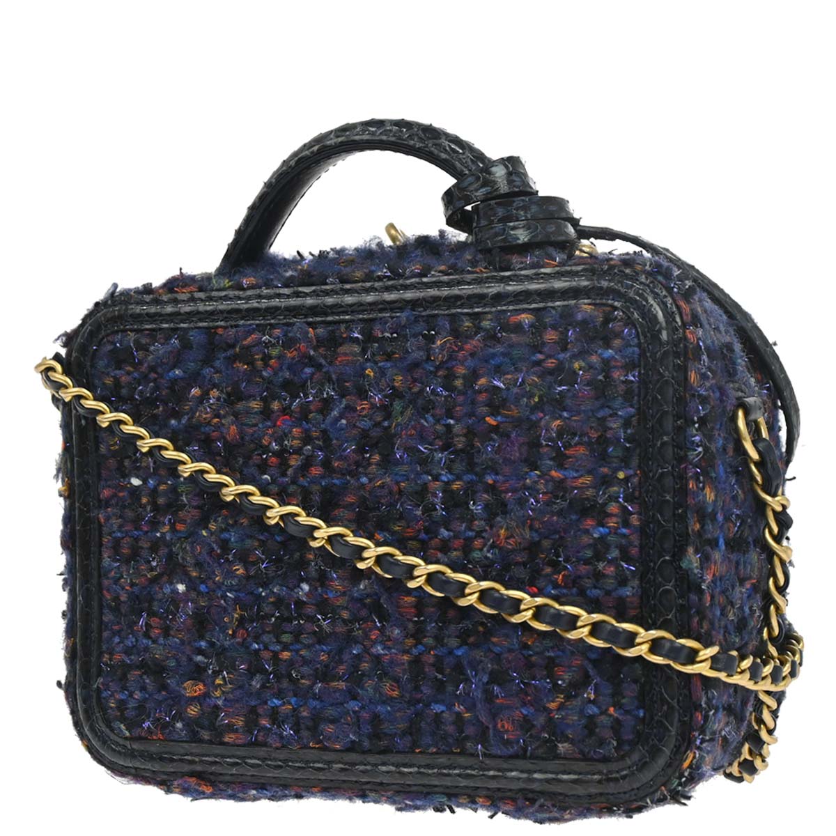 Chanel * Navy Black Tweed Python Filigree 2way Shoulder Vanity Handbag