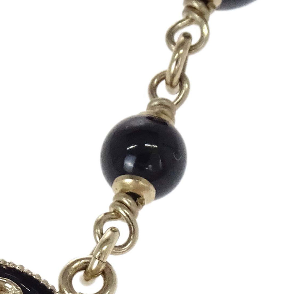 Chanel Long Chain Necklace CC Gold Black Costume Pearl B14V