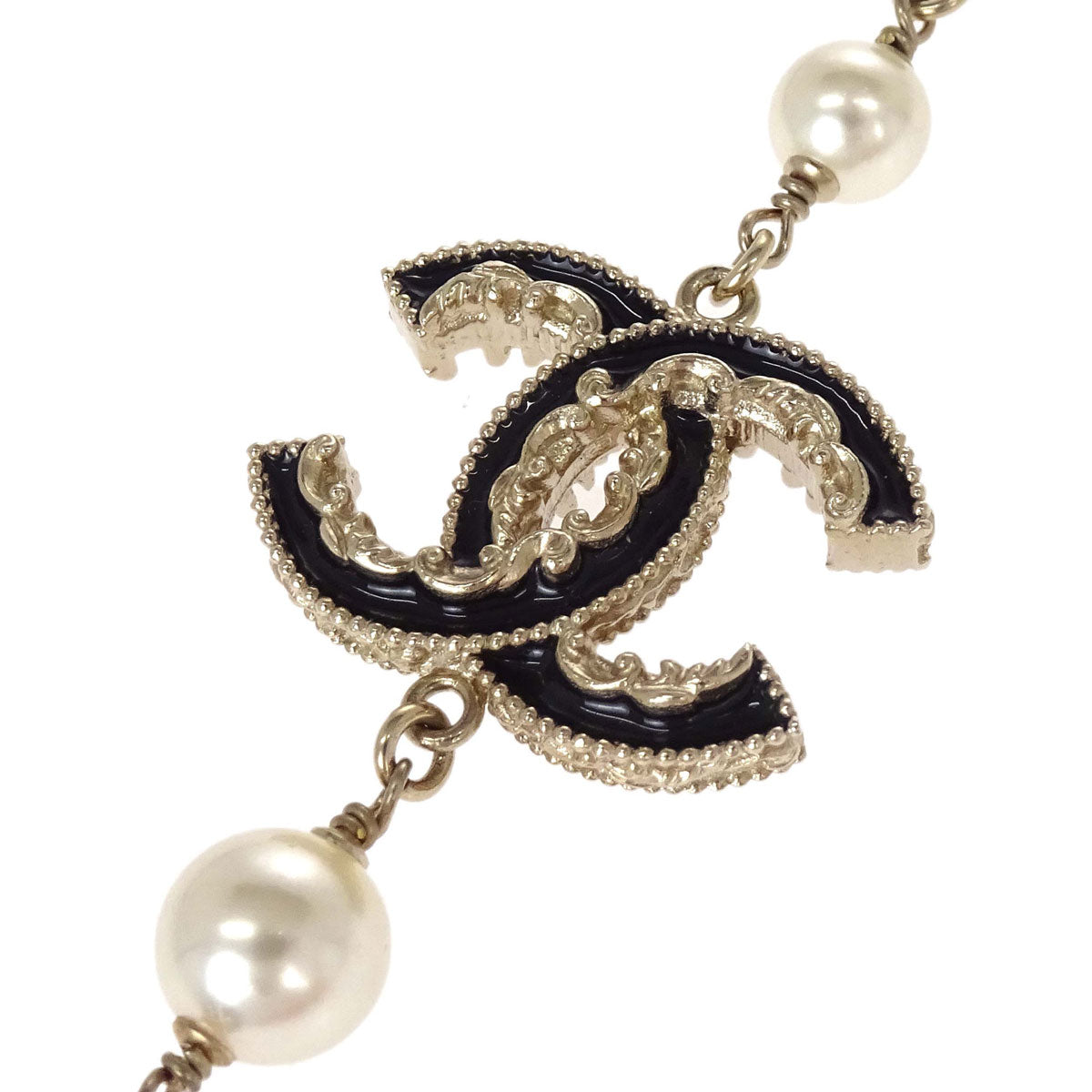 Chanel Long Chain Necklace CC Gold Black Costume Pearl B14V