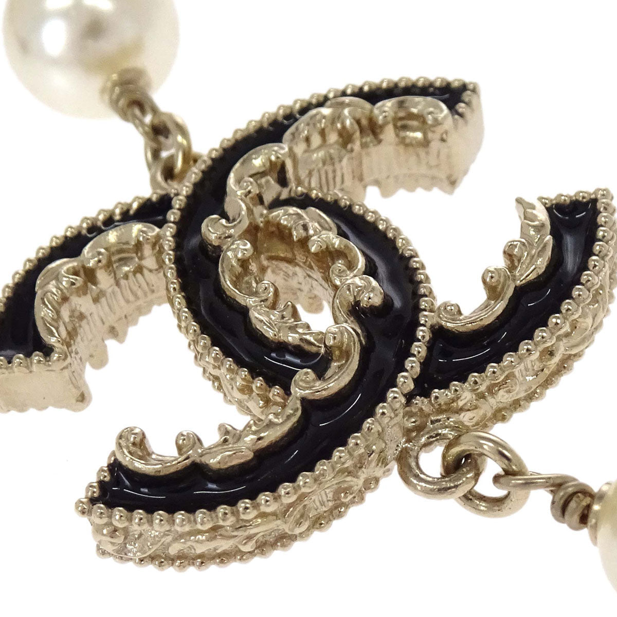 Chanel Long Chain Necklace CC Gold Black Costume Pearl B14V