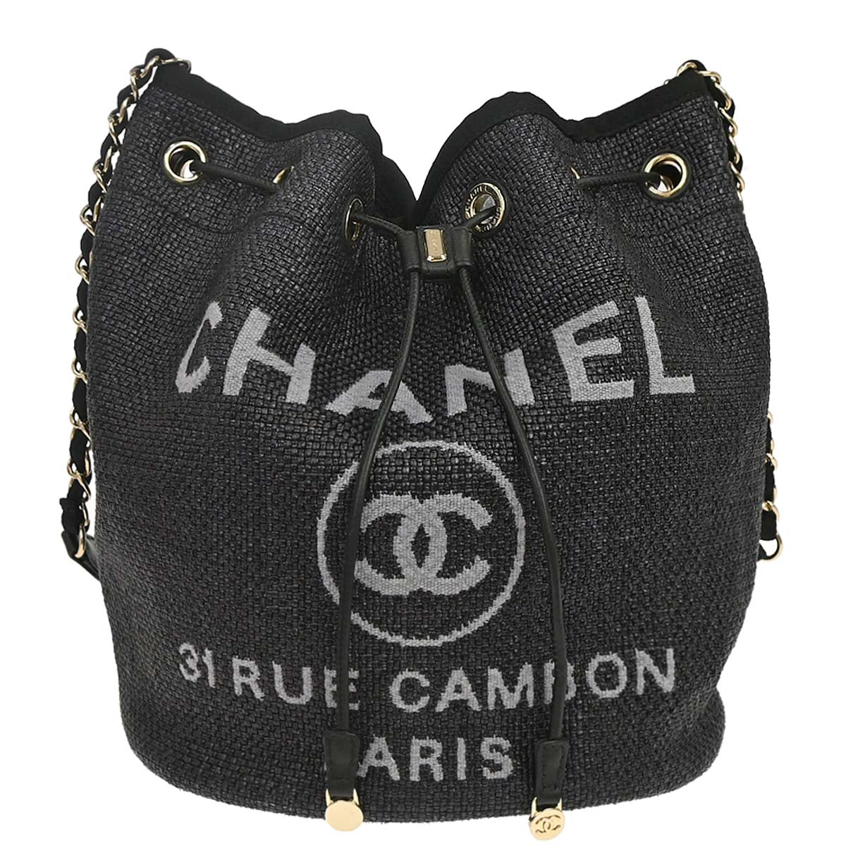 Chanel 2019 Black Straw Deauville Bucket Shoulder Bag
