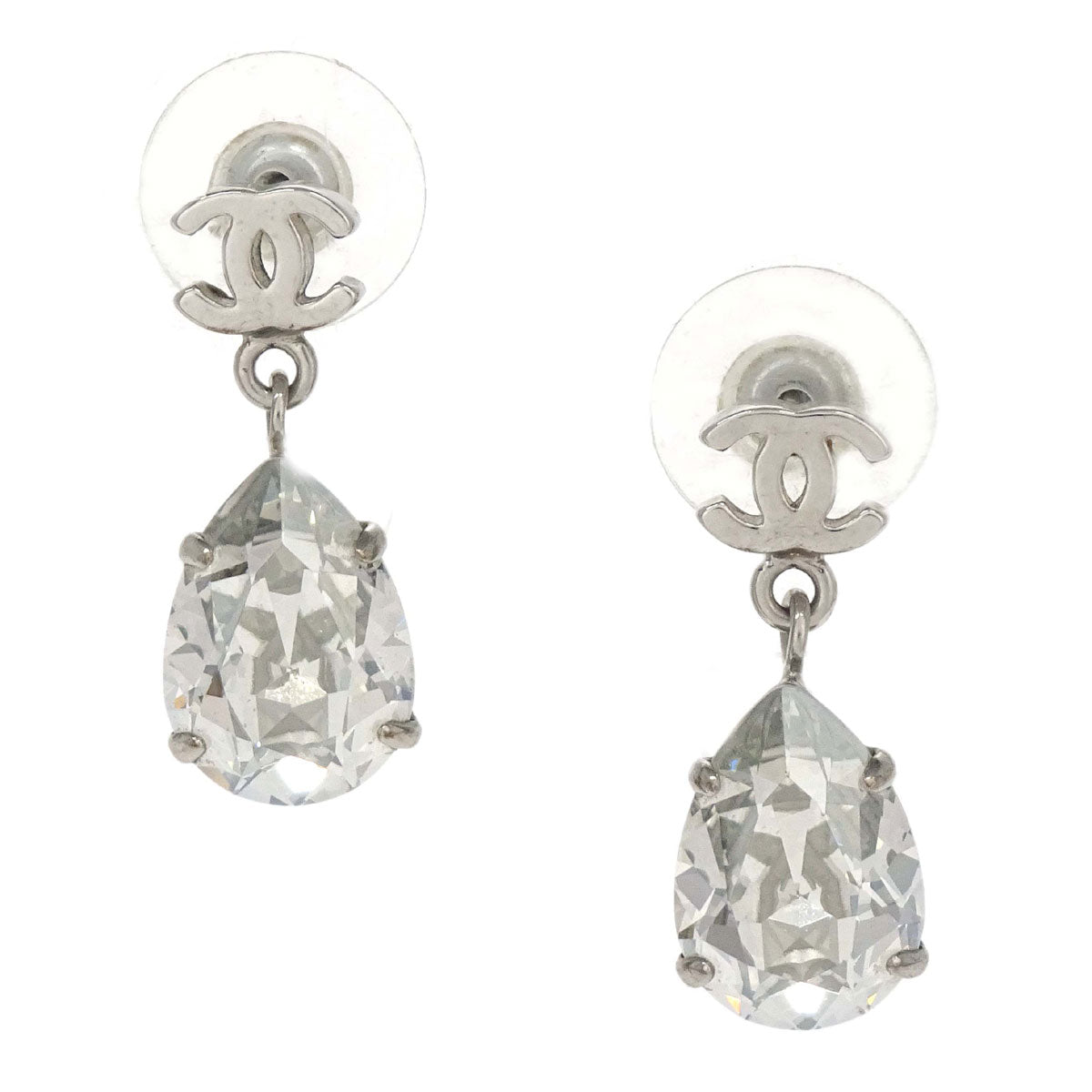 Chanel CC Dangle Teardrop Pierced Earrings Silver Rhinestone A12W