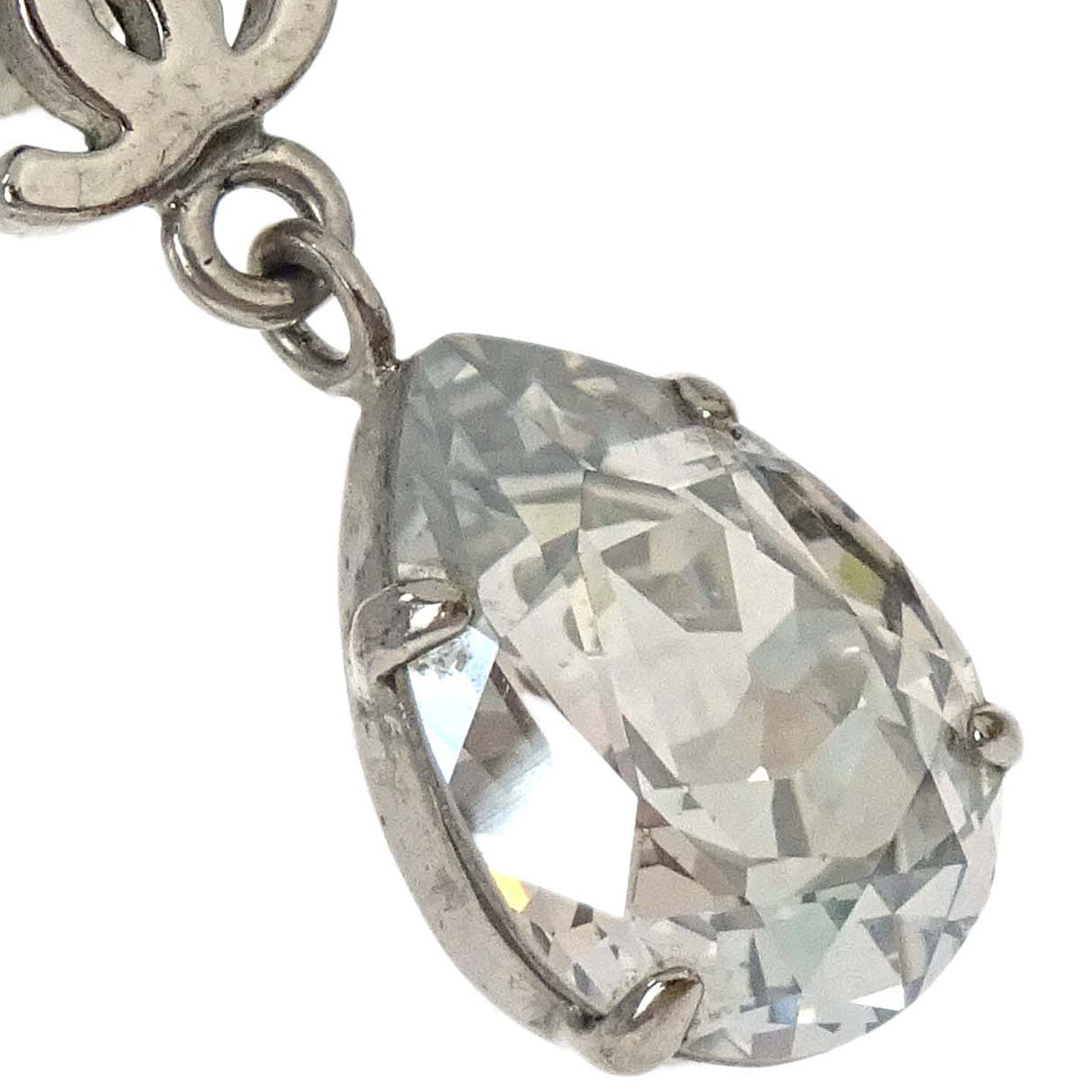Chanel CC Dangle Teardrop Pierced Earrings Silver Rhinestone A12W