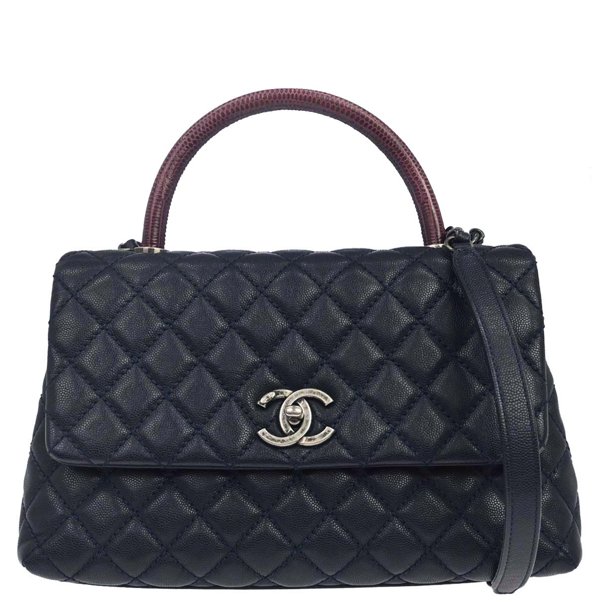 Chanel * 2015-2016 Navy Bordeaux Caviar Skin Lizard Coco Handle 2way Shoulder Handbag