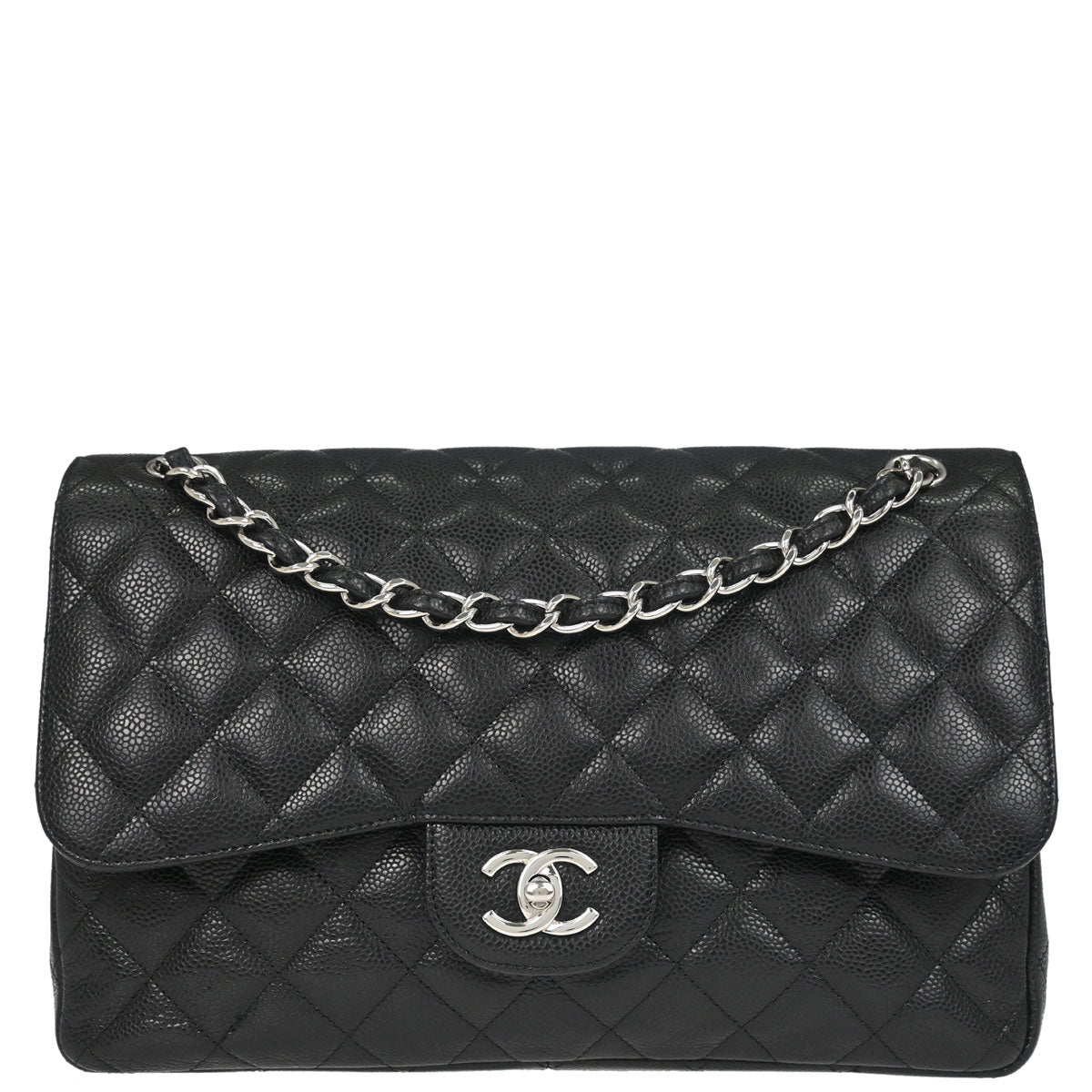 Chanel 2011 Black Caviar Skin Jumbo Classic Double Flap Shoulder Bag