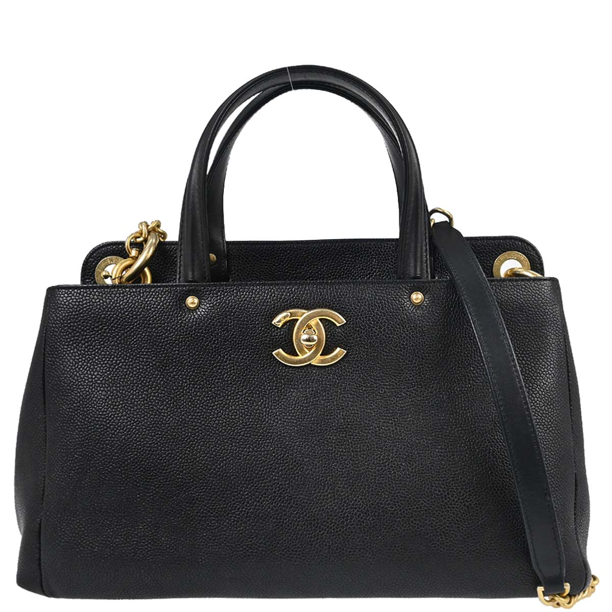 Chanel 2017 Black Caviar Skin Tote 2way Shoulder Handbag