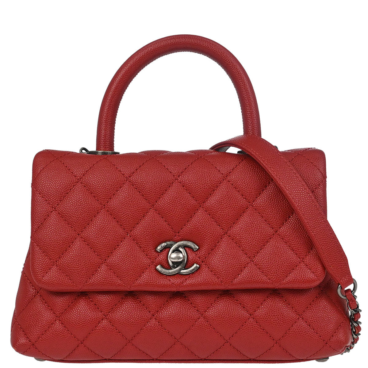 Chanel Red Caviar Skin Coco Handle 2way Shoulder Handbag