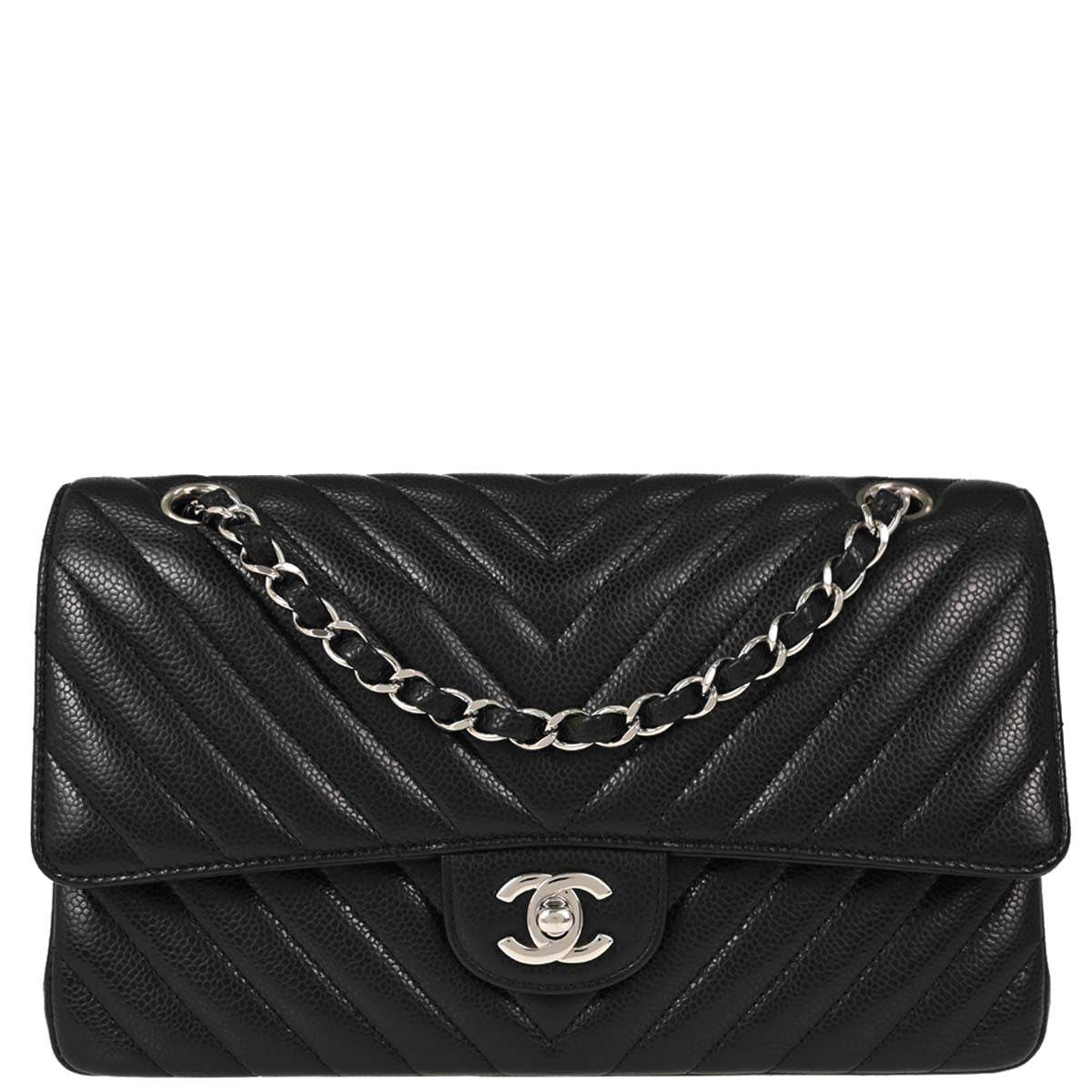 Chanel Black Caviar Skin Chevron Medium Classic Double Flap Shoulder Bag