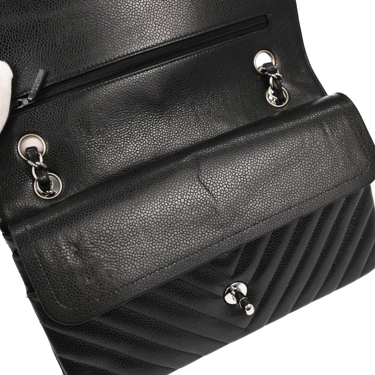Chanel Black Caviar Skin Chevron Medium Classic Double Flap Shoulder Bag