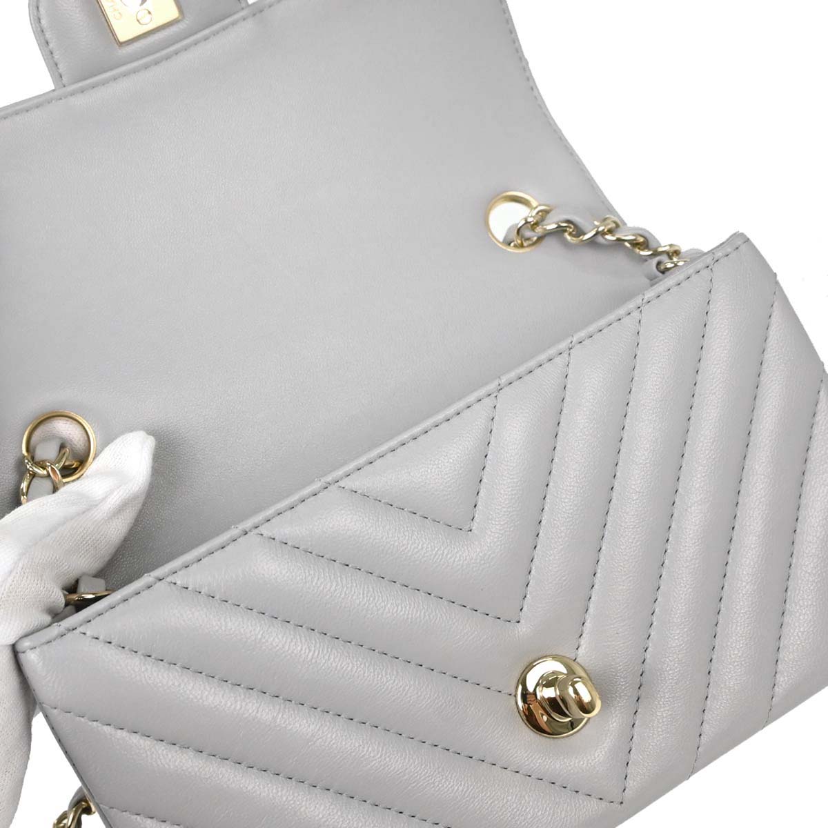 Chanel Gray Lambskin Chevron Single Flap Shoulder Bag