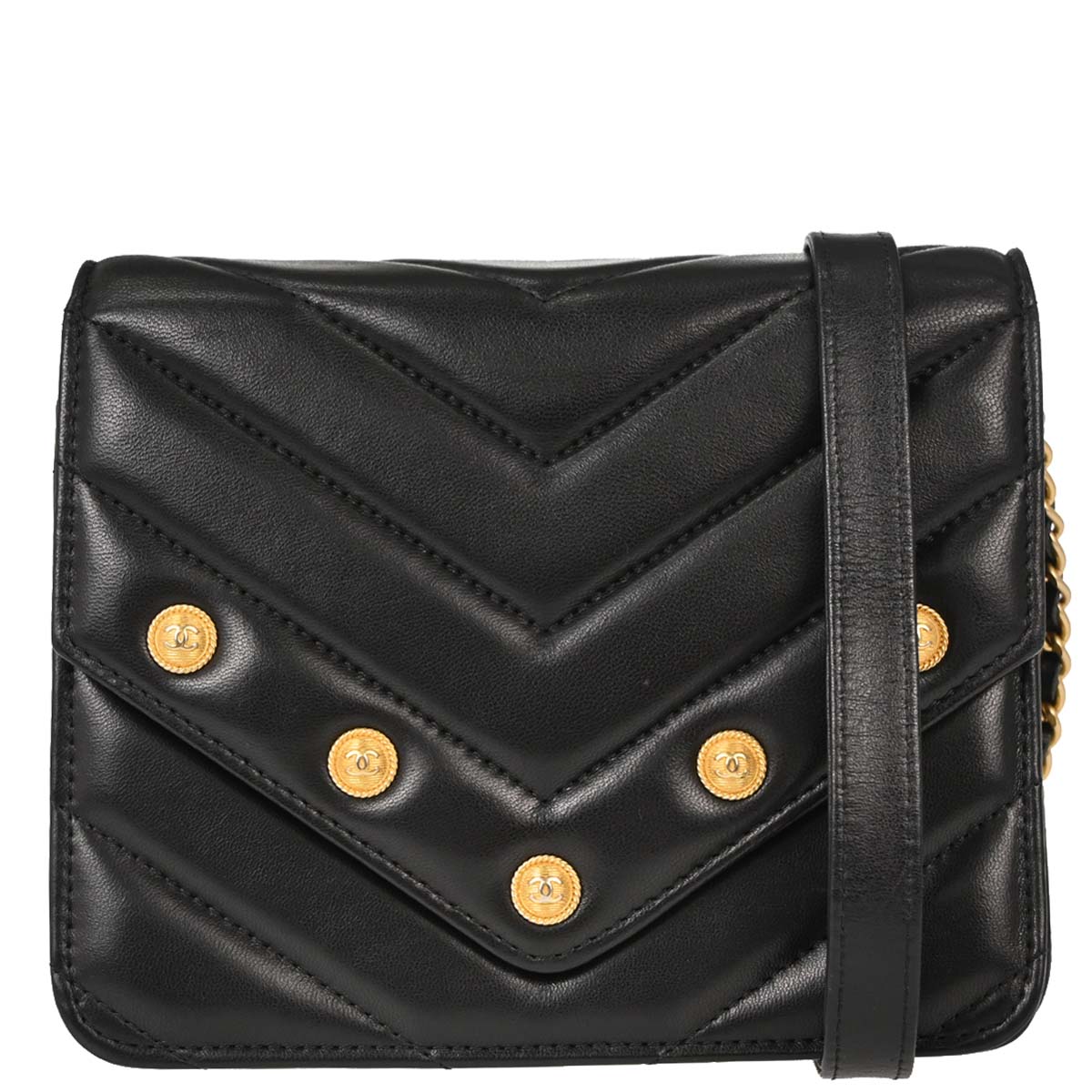 Chanel Black Lambskin Chevron CC Button Chain WOC Shoulder Bag