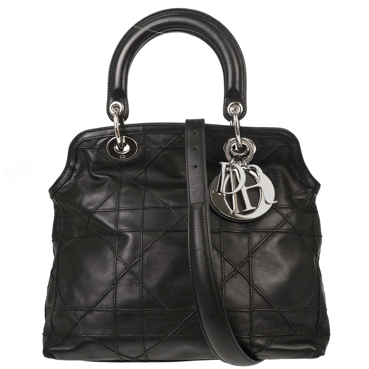 Christian Dior Black Lambskin Cannage Granville 2way Shoulder Handbag