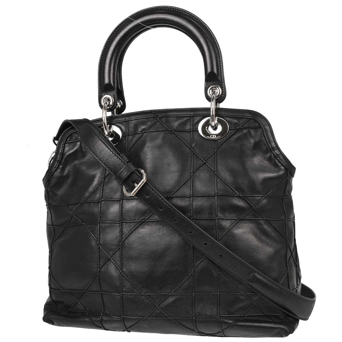 Christian Dior Black Lambskin Cannage Granville 2way Shoulder Handbag