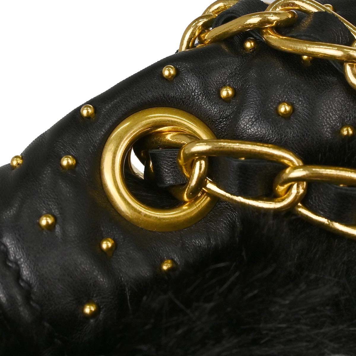 Prada Black Lambskin Faux Fur Studded Shoulder Bag
