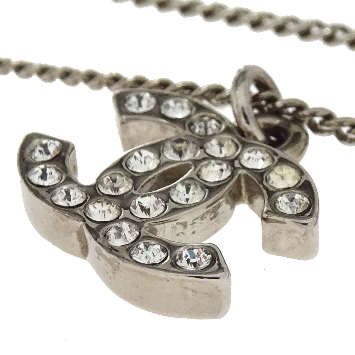 Chanel CC Chain Necklace Pendant Silver Rhinestone C12V