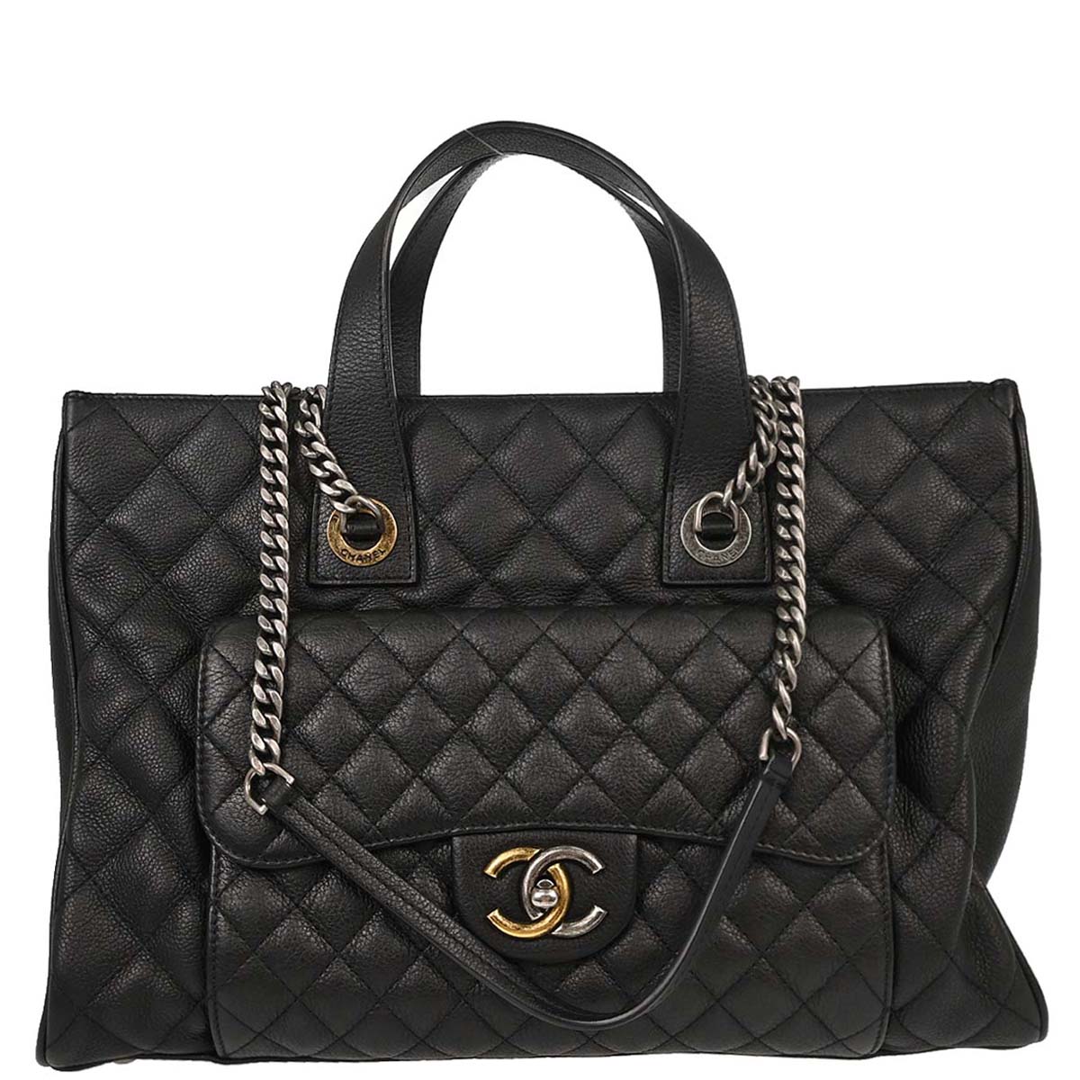 Chanel Black Calfskin Casual Pocket Tote 2way Shoulder Handbag