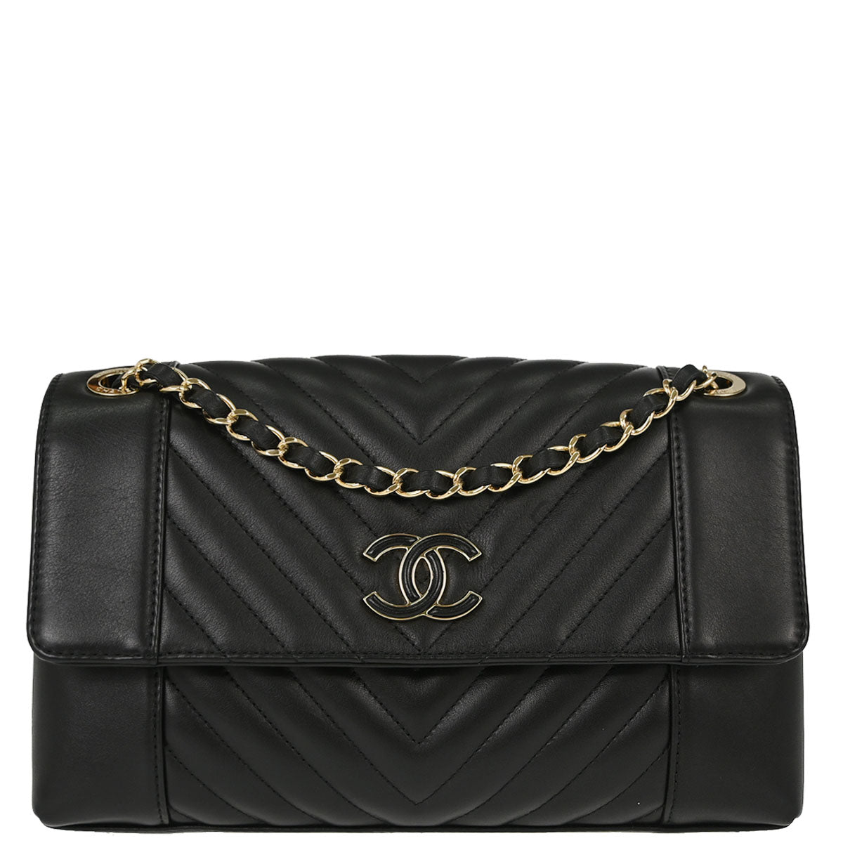 Chanel 2019 Black Lambskin Chevron Straight Flap Shoulder Bag