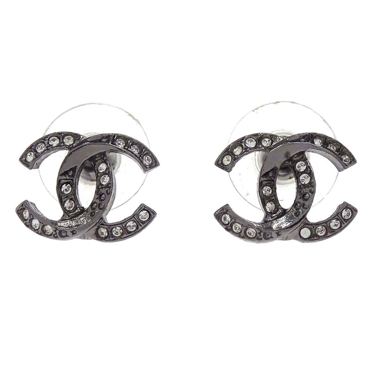 Chanel CC Pierced Earrings Silver Rhinestone A18P