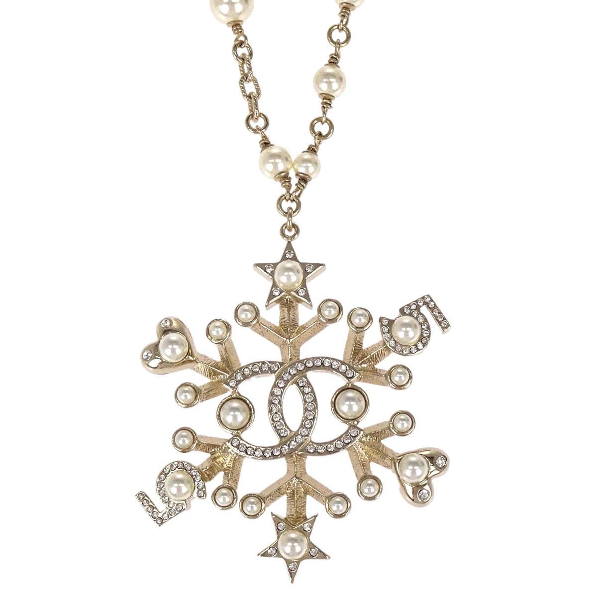 Chanel Rhinestone Costume Pearl Gold Snowflake Pendant Necklace B19B