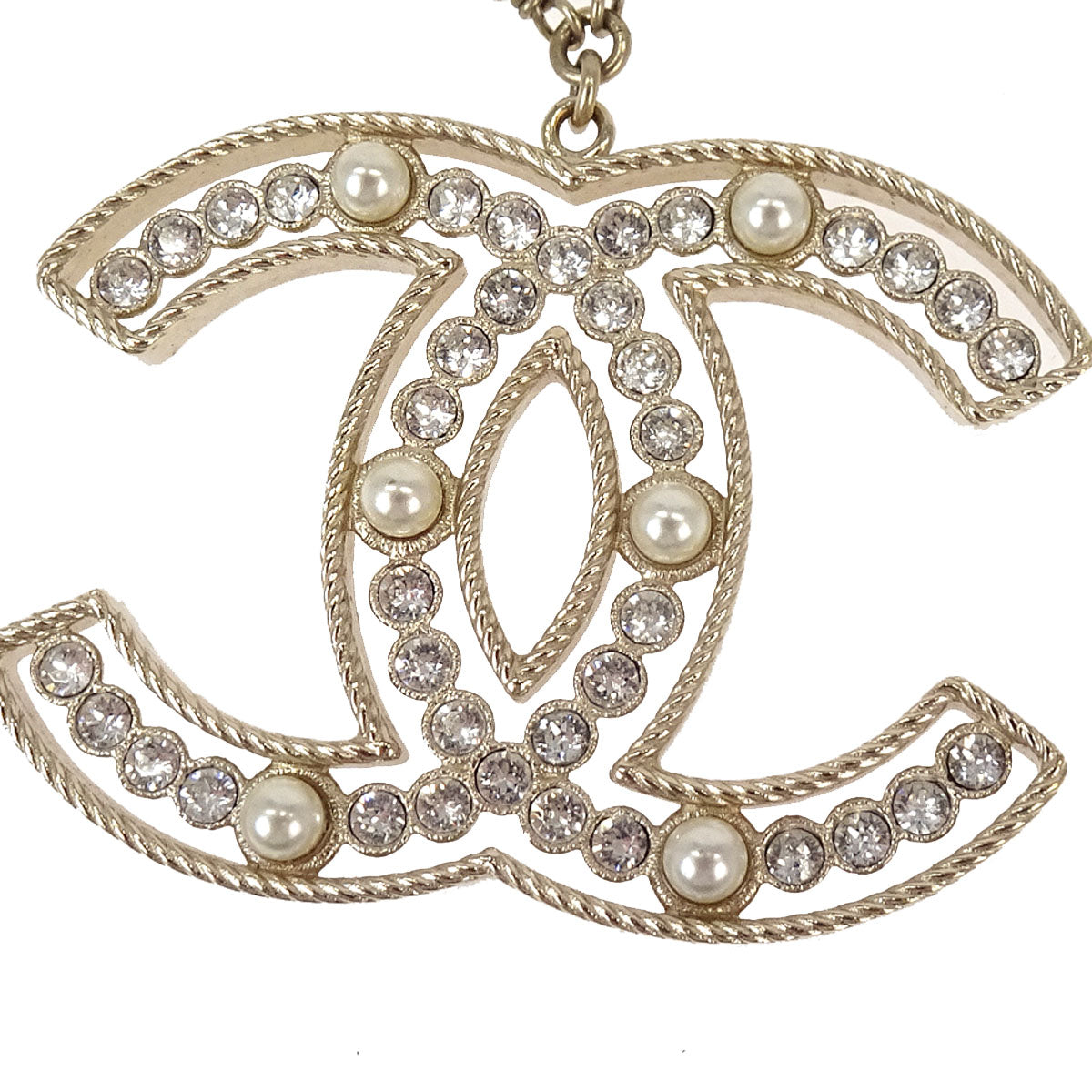 Chanel Rhinestone Costume Pearl Gold CC Pendant Necklace