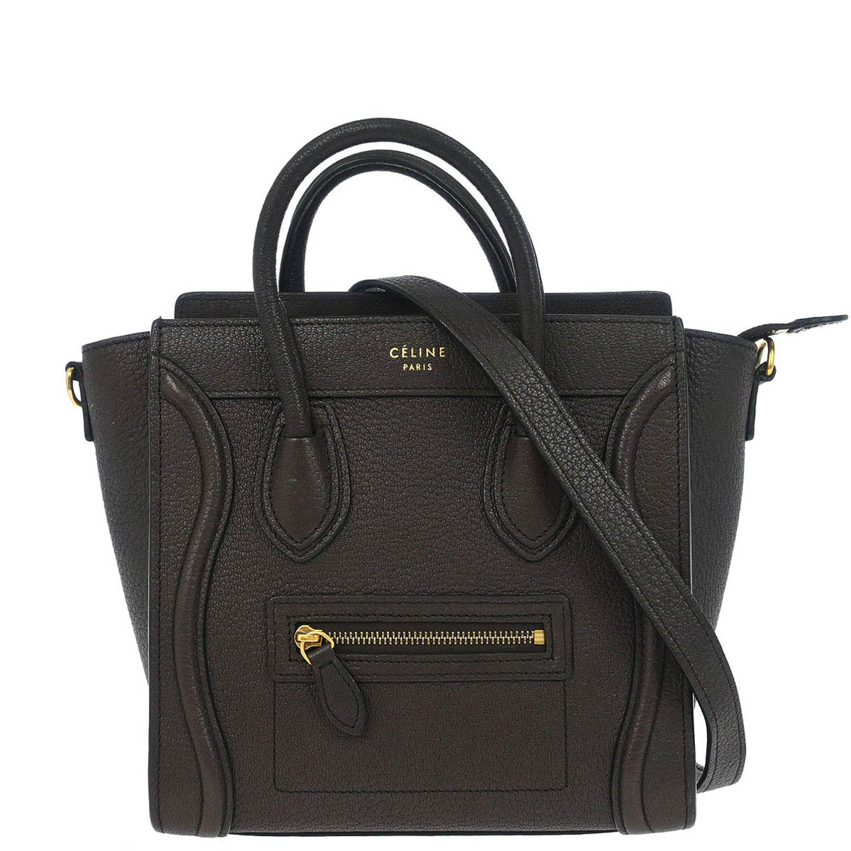 Celine Dark Brown Leather Nano Luggage Shoulder Tote Bag