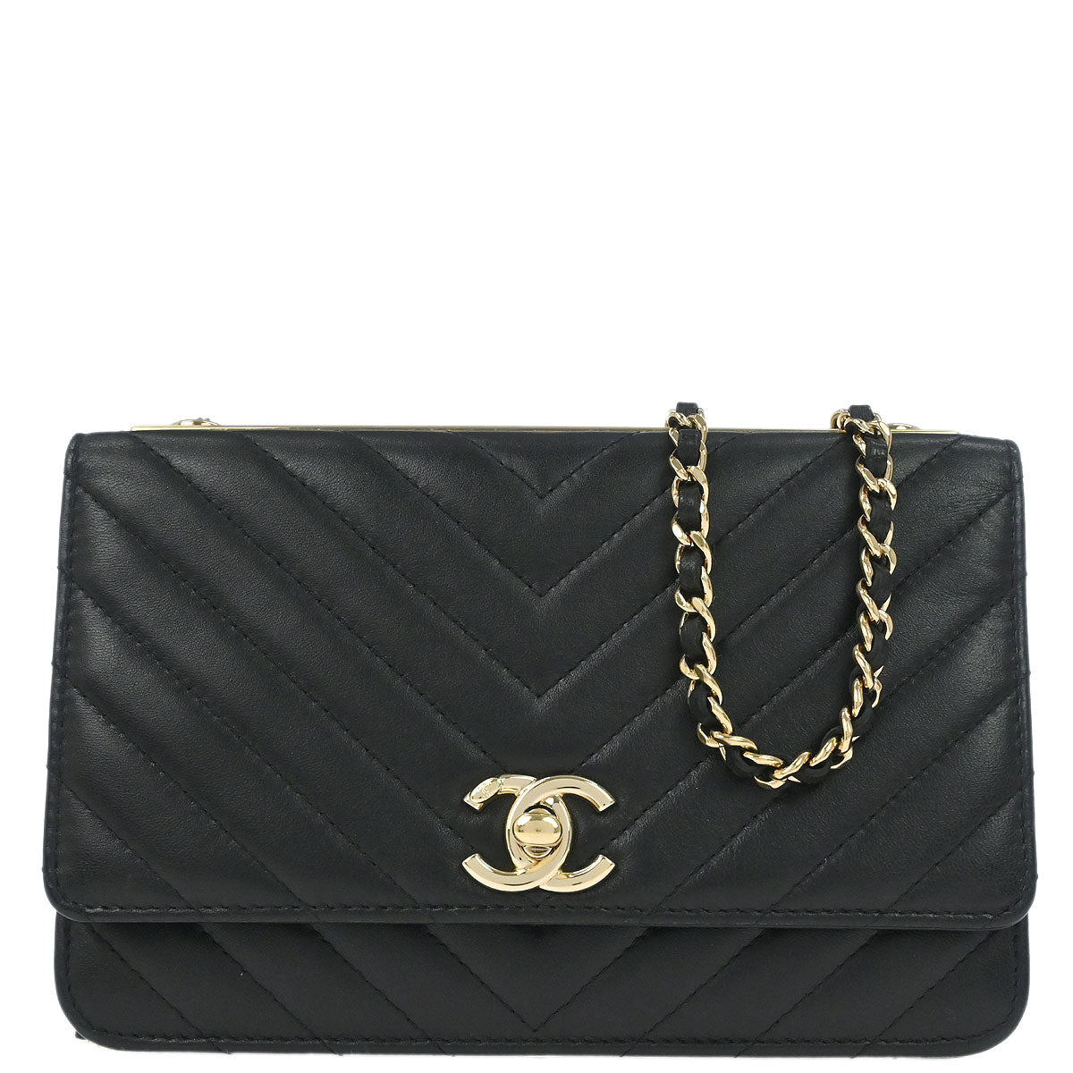 Chanel 2019 Black Lambskin Chevron Trendy CC WOC Wallet on Chain Bag