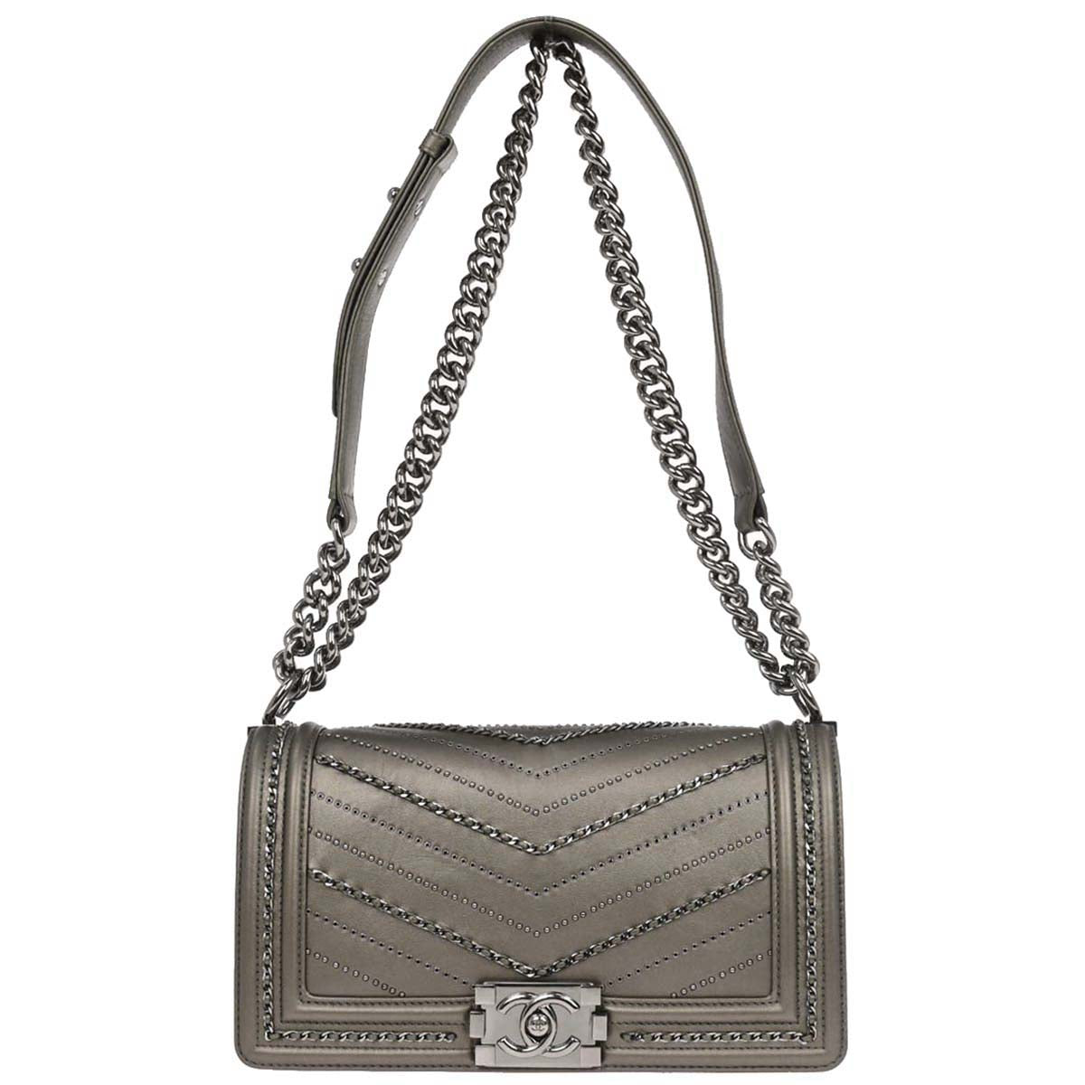 Boy Chanel Gray Calfskin Chevron Medium Chain Shoulder Bag