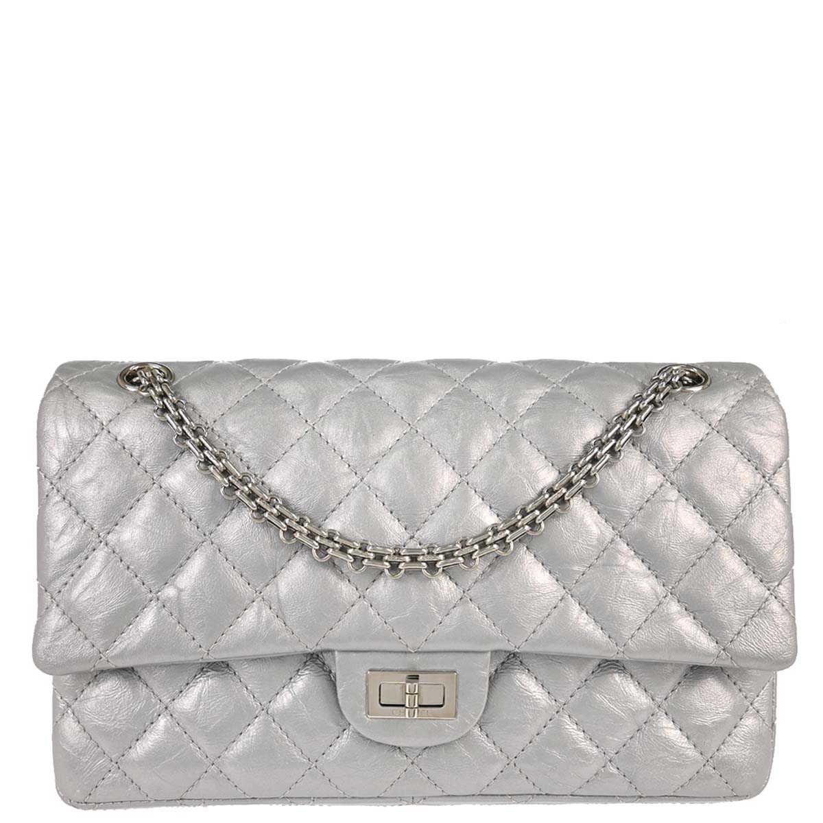 Chanel Silver Calfskin 2.55 Double Flap Shoulder Bag