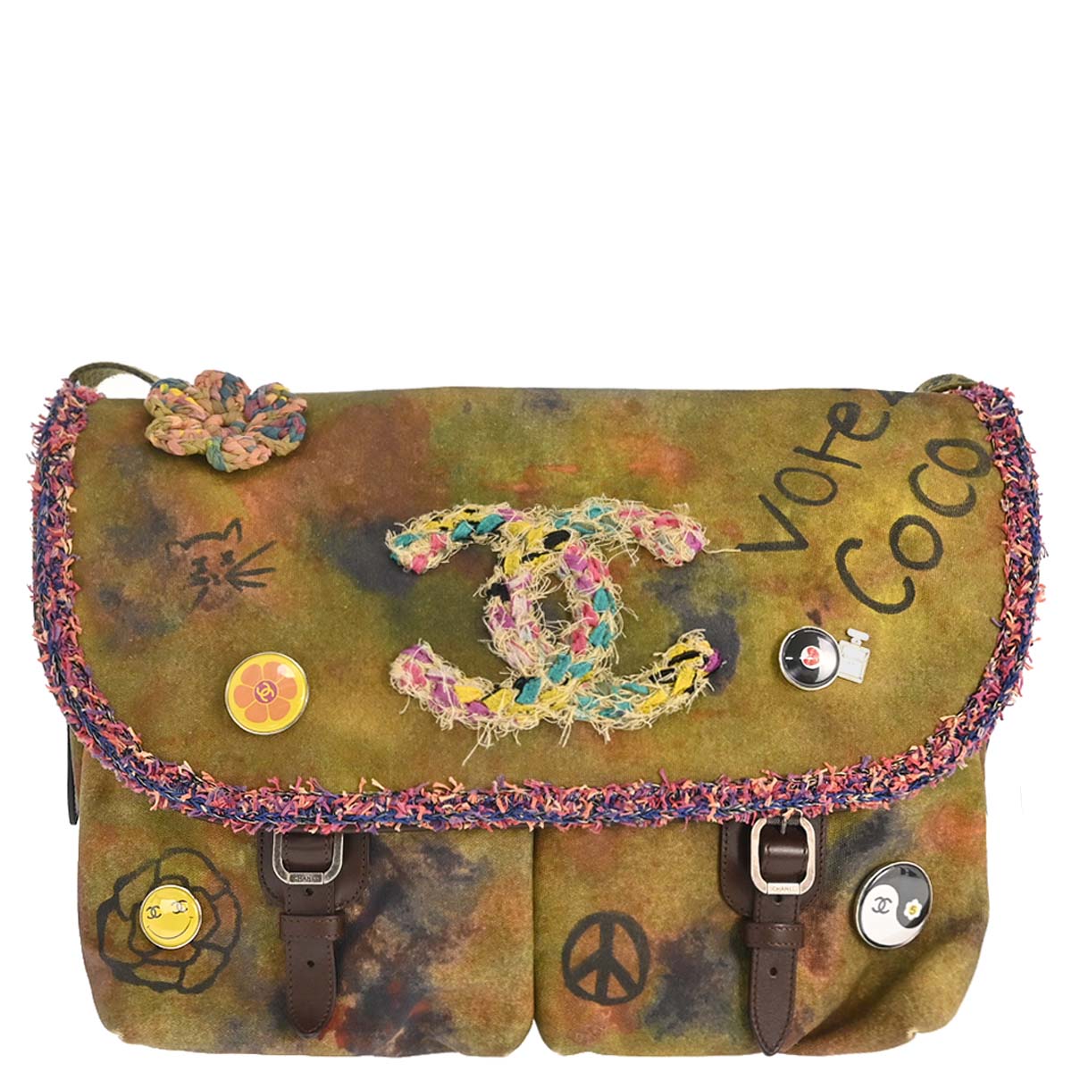Chanel 2014-2015 Khaki Canvas Graffiti On The Pavements Shoulder Bag