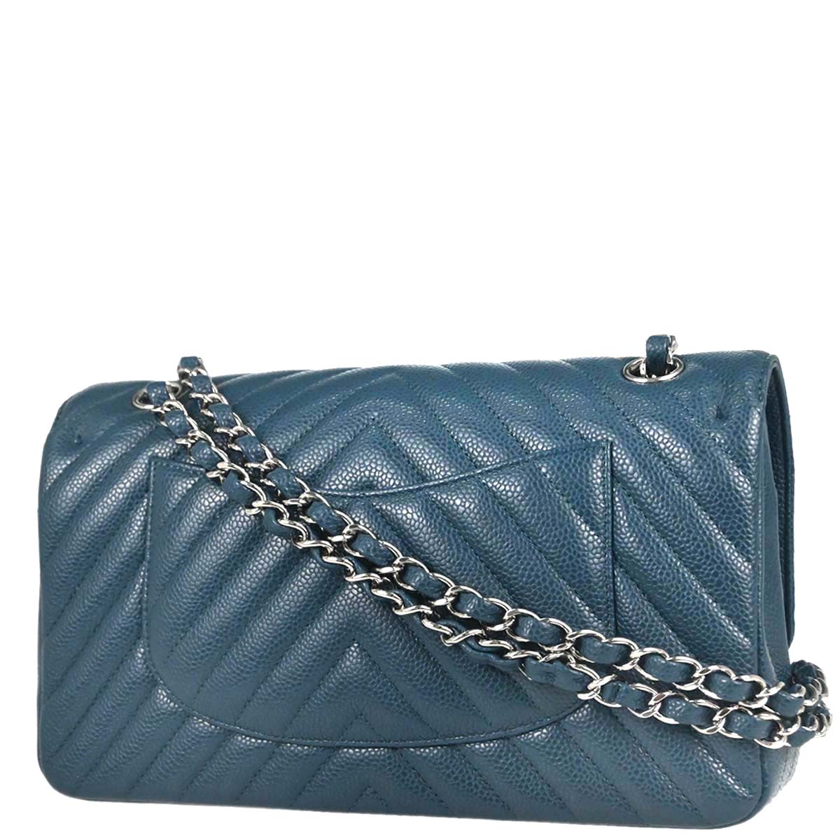 Chanel Blue Caviar Skin Chevron Medium Classic Double Flap Shoulder Bag