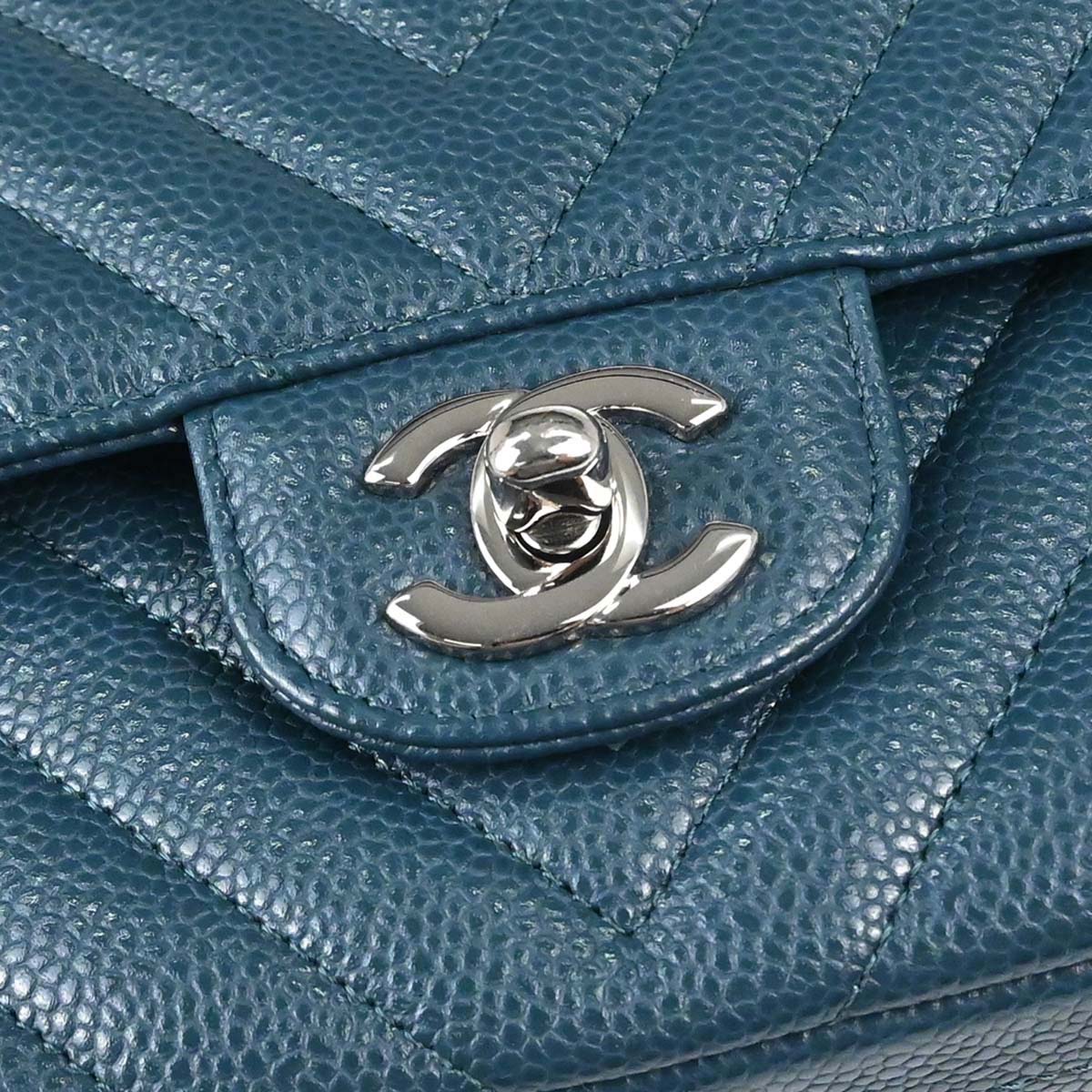 Chanel Blue Caviar Skin Chevron Medium Classic Double Flap Shoulder Bag