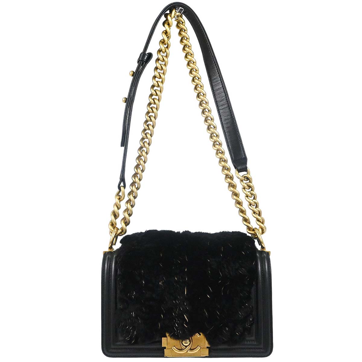 Boy Chanel 2015-2016 Black Lambskin Lapin Fur Small Chain Shoulder Bag