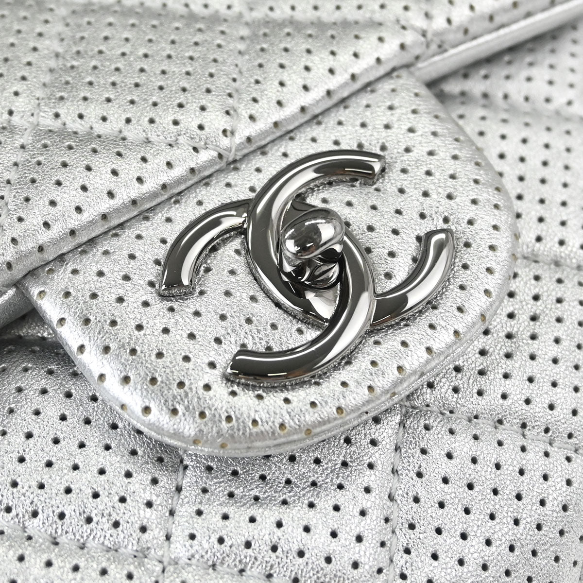 Chanel Silver Perforated Lambskin Handbag