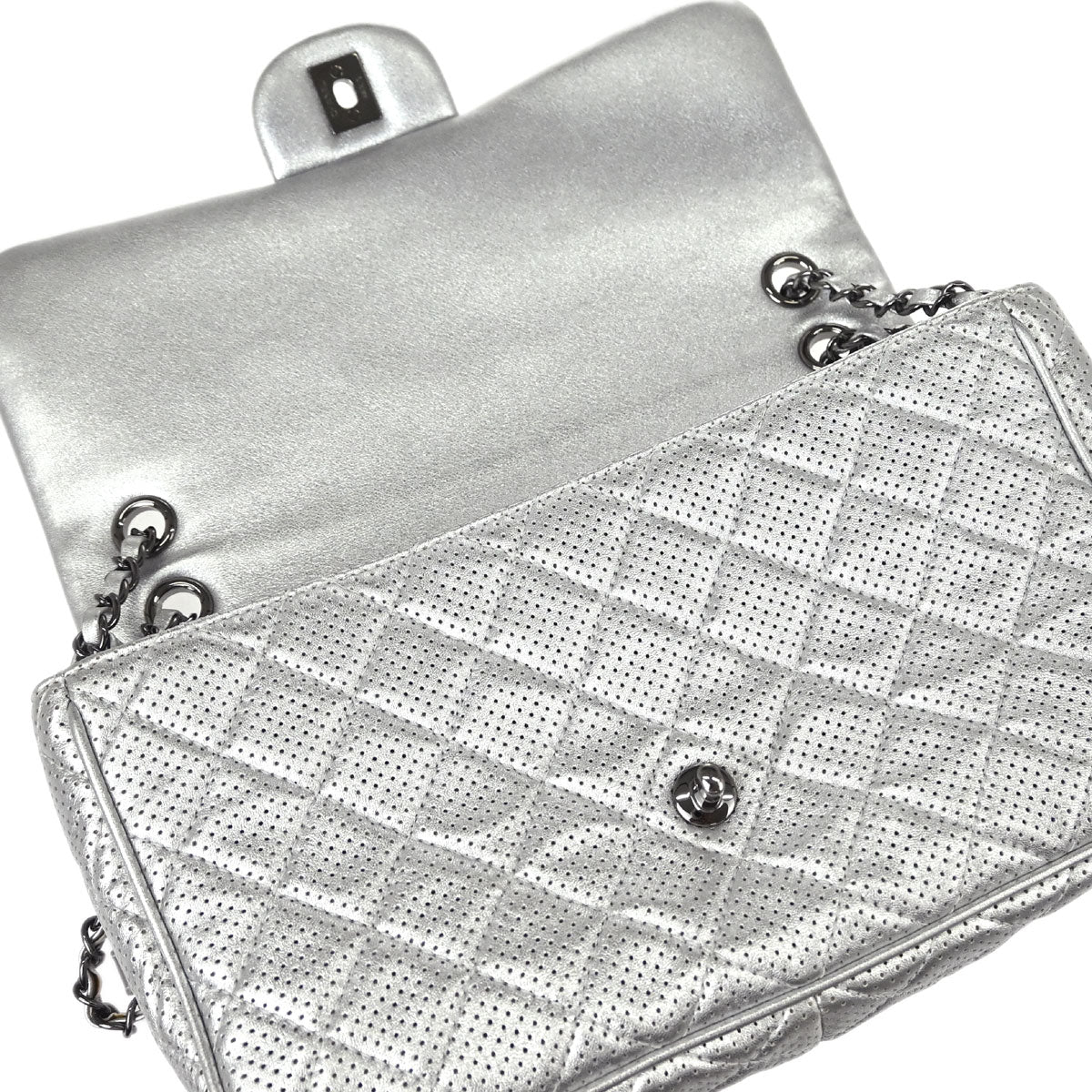 Chanel Silver Perforated Lambskin Handbag