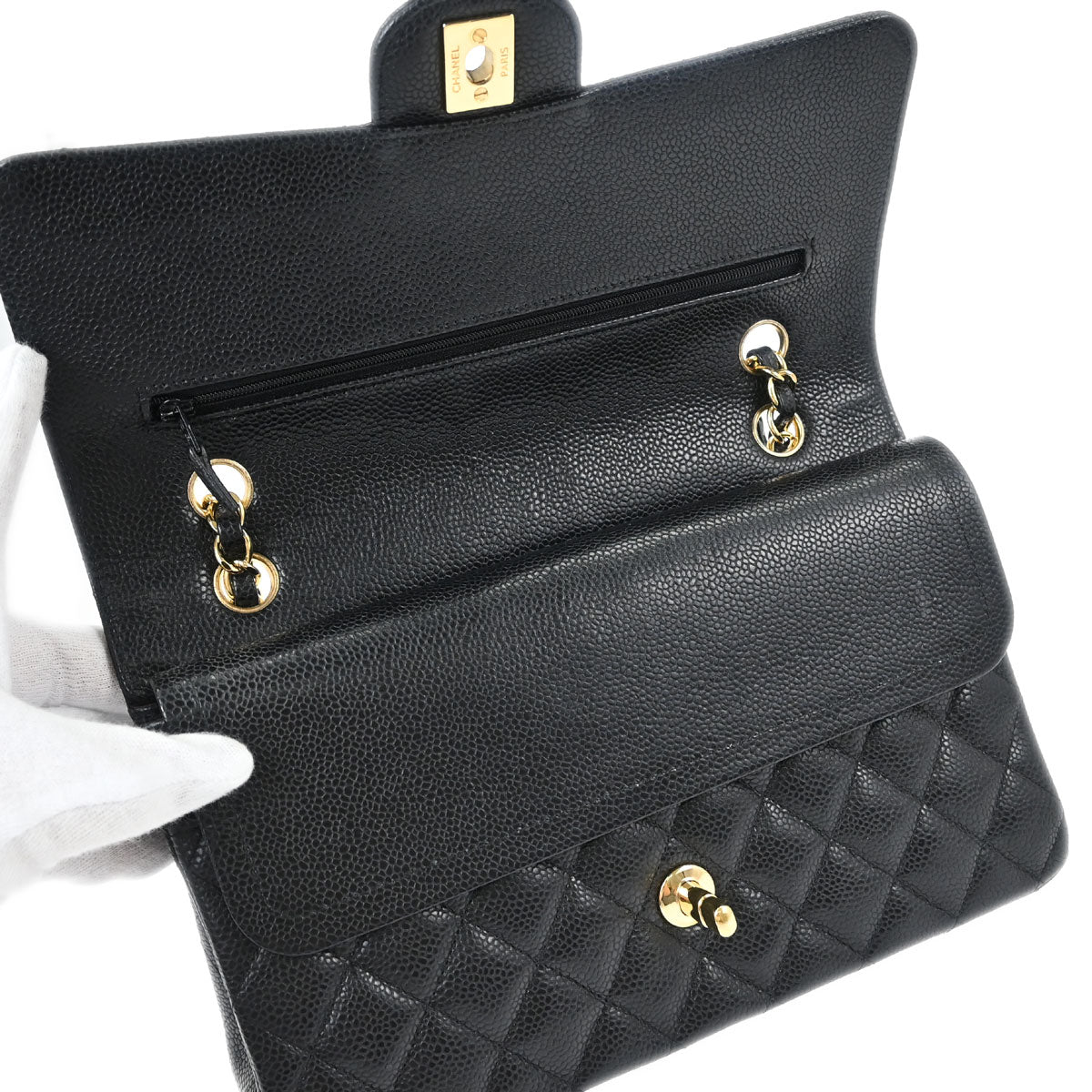 Chanel 2016-2017 Black Caviar Skin Medium Classic Double Flap Shoulder Bag