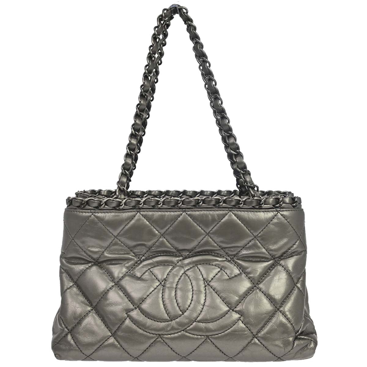 Chanel 2012 Metallic Silver Calfskin Chain Me Tote Handbag