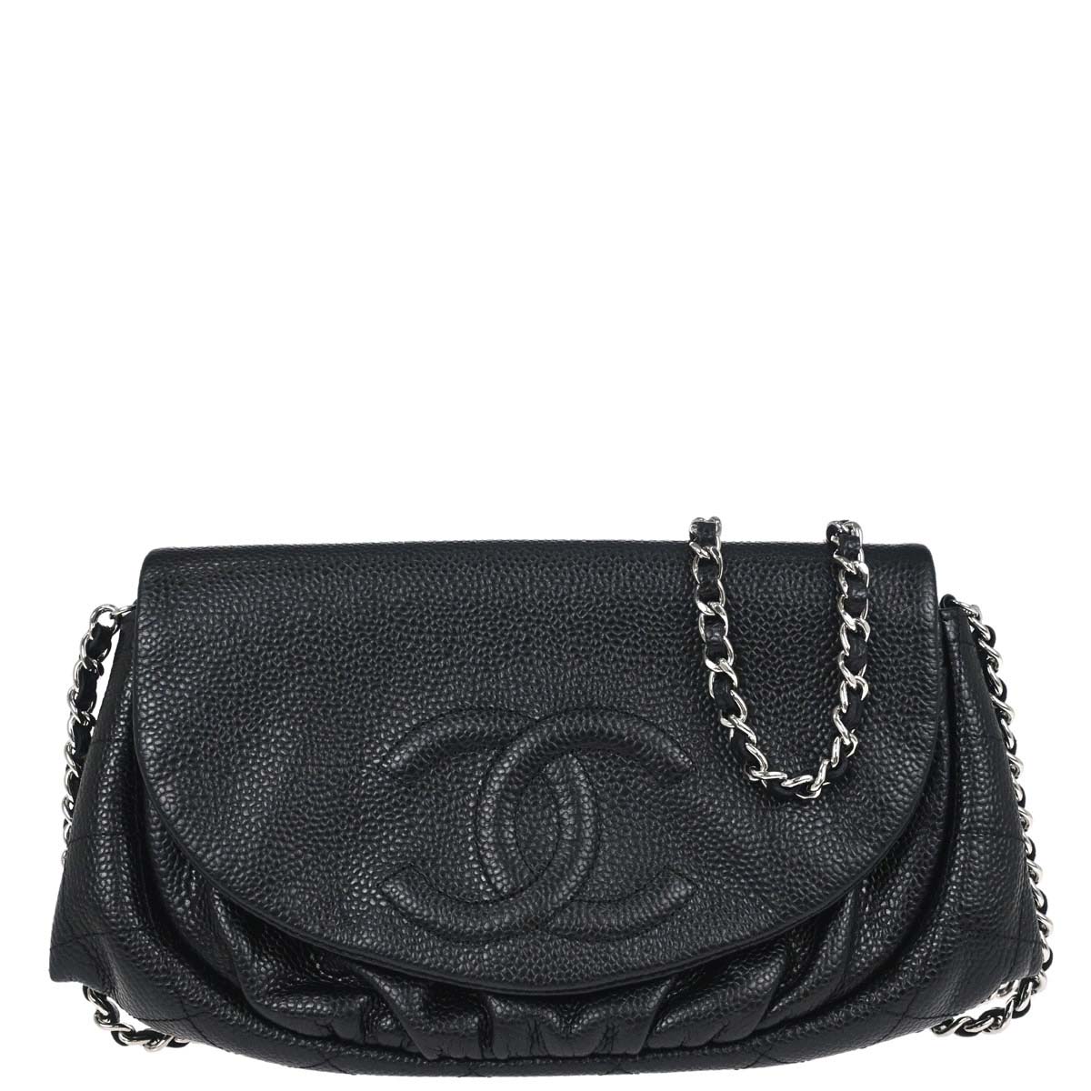 Chanel 2012 Black Caviar Skin Half Moon Flap WOC Wallet on Chain Shoulder Bag