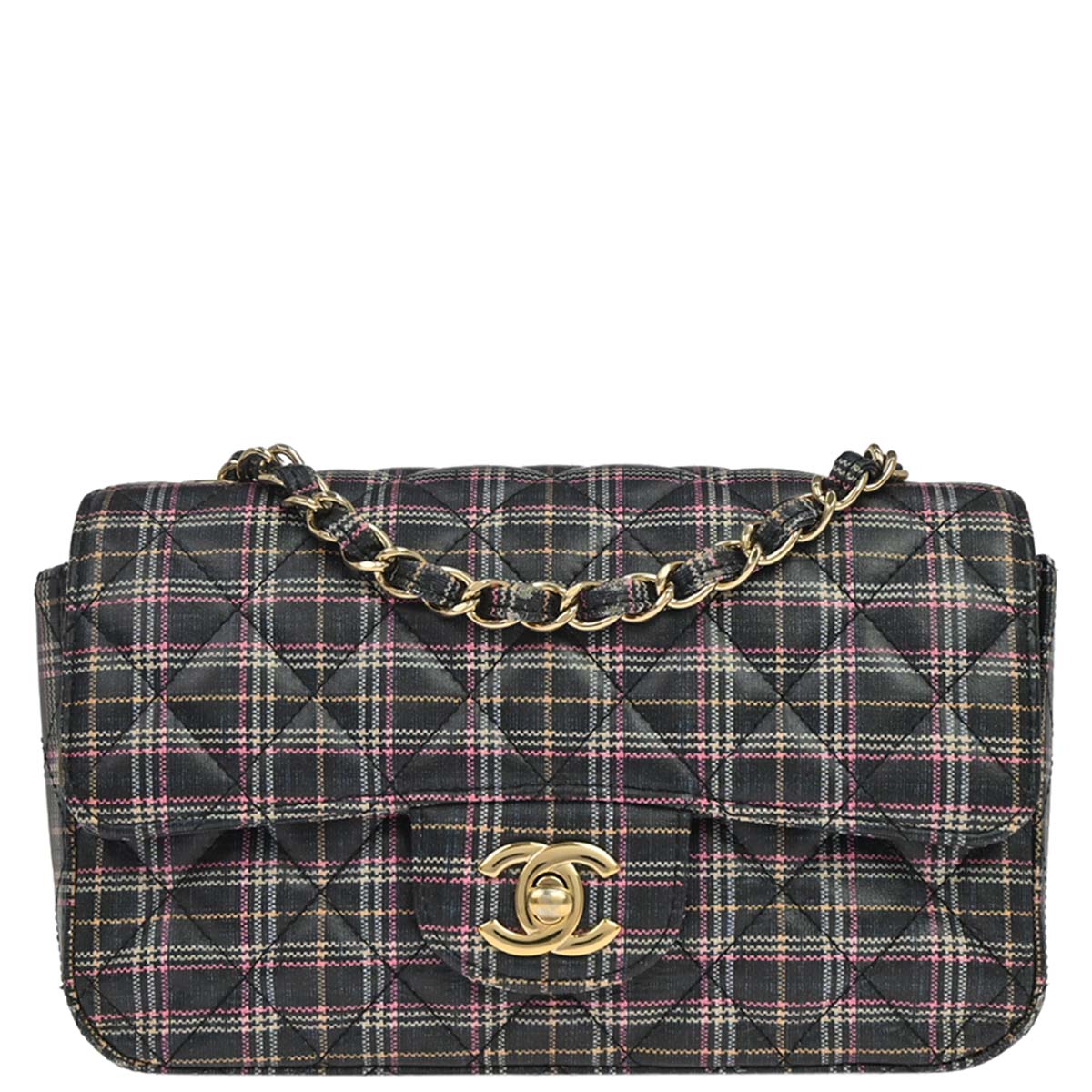 Chanel 2019 Navy Calfskin Plaid Printed Flap Bag Shoulder Bag