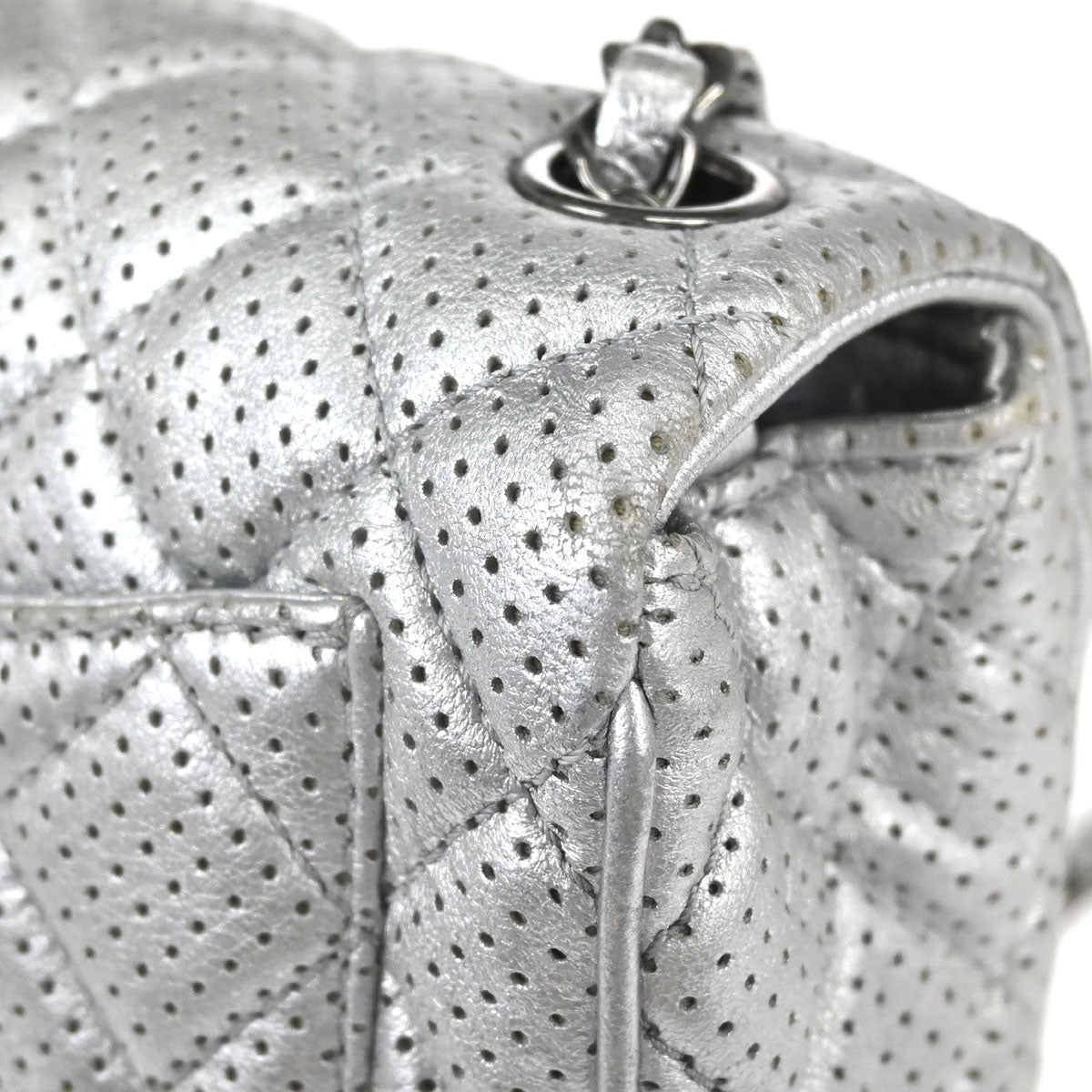 Chanel 2014 Silver Perforated Lambskin Classic Flap Shoulder Bag