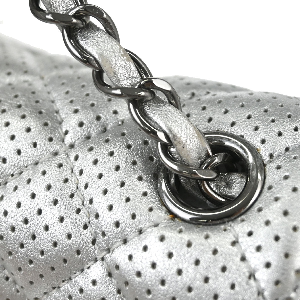 Chanel 2014 Silver Perforated Lambskin Classic Flap Shoulder Bag