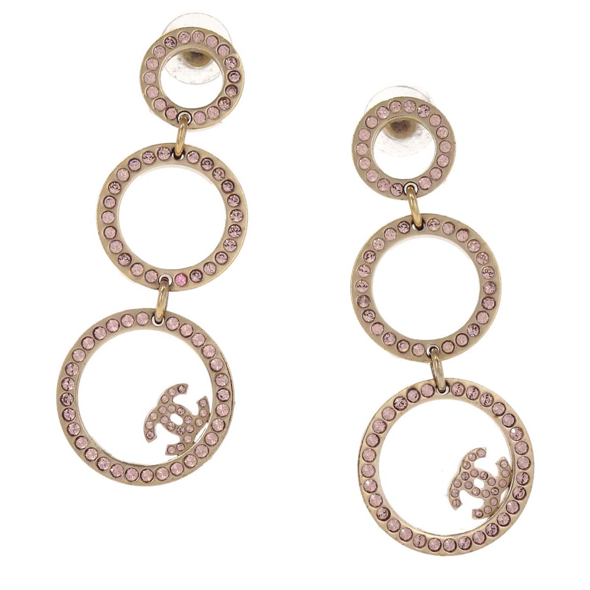 Chanel Hoop Dangle Pierced Earrings Gold Rhinestone B18V