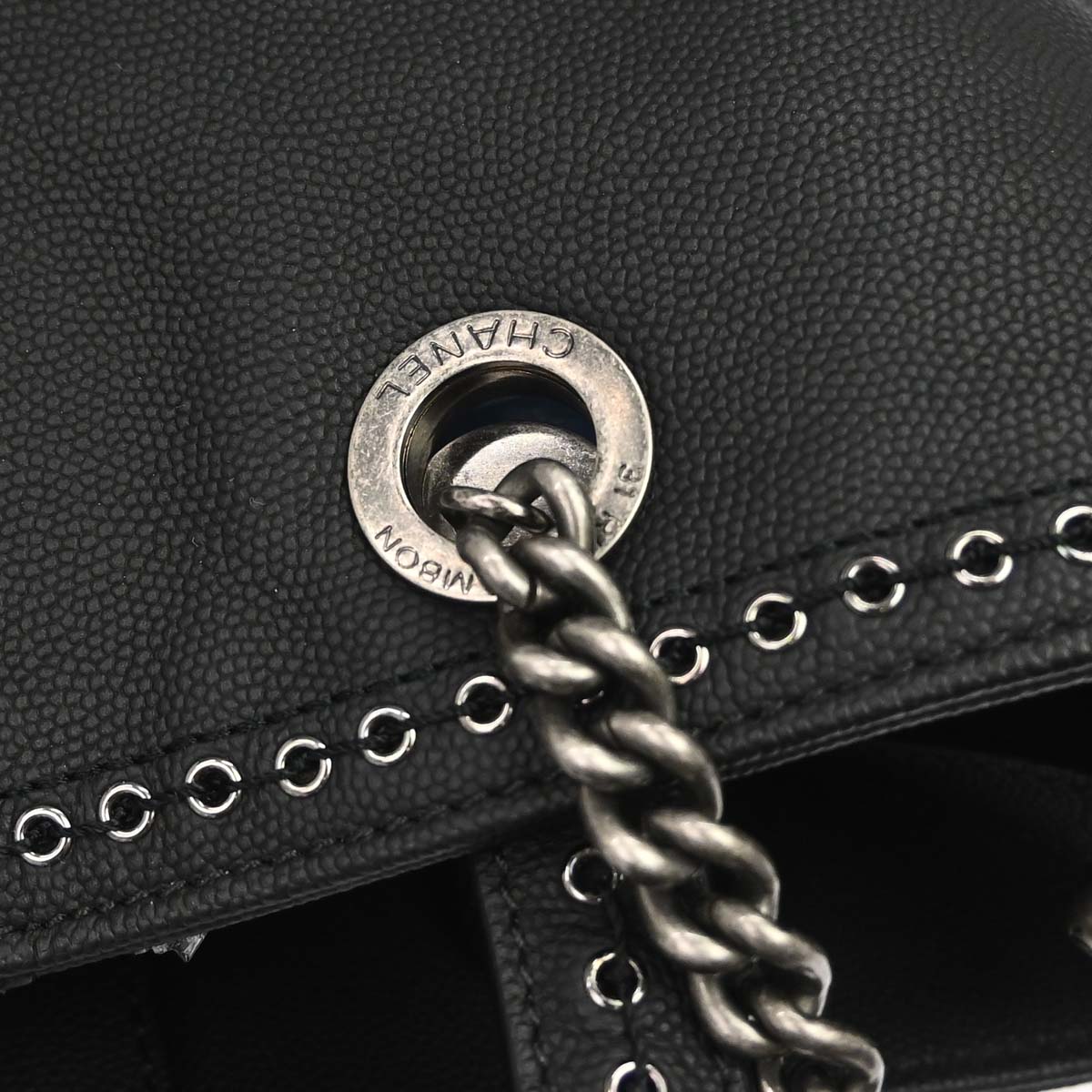 Chanel 2019 Black Caviar Skin Coco Eyelets Large Shopping Tote 2way Shoulder Chain Handbag