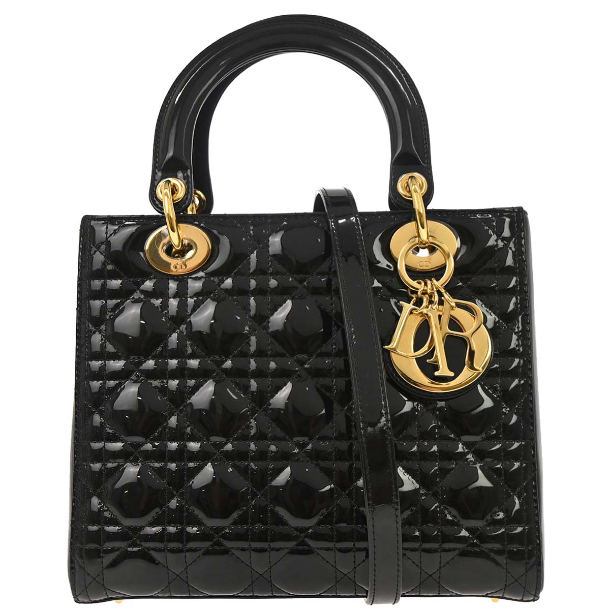 Christian Dior Black Patent leather Medium Lady Dior Cannage 2way Shoulder Handbag