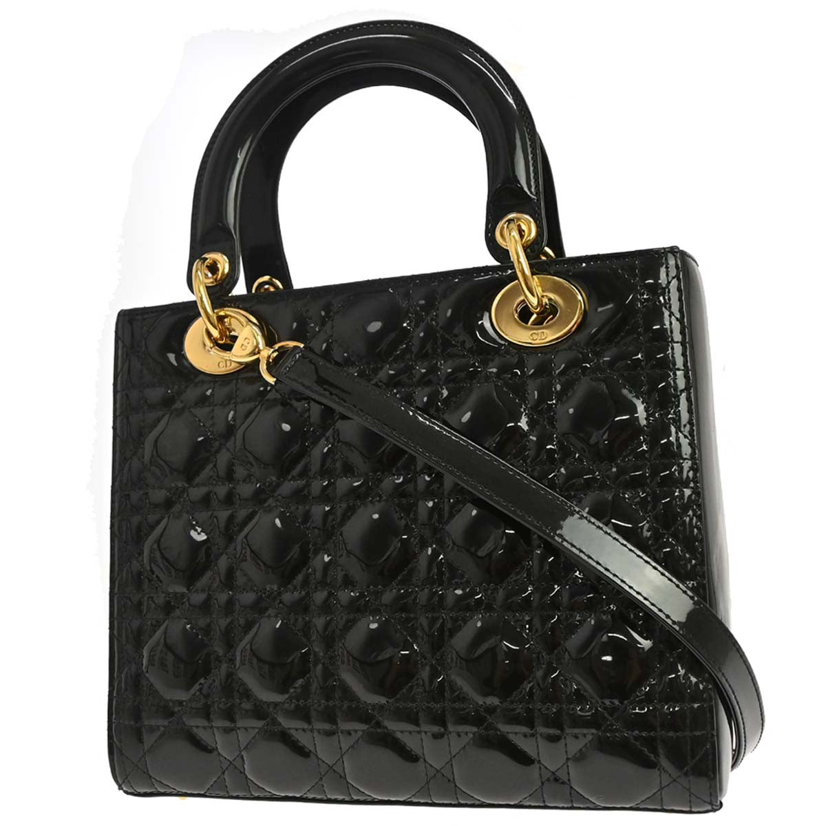 Christian Dior Black Patent leather Medium Lady Dior Cannage 2way Shoulder Handbag
