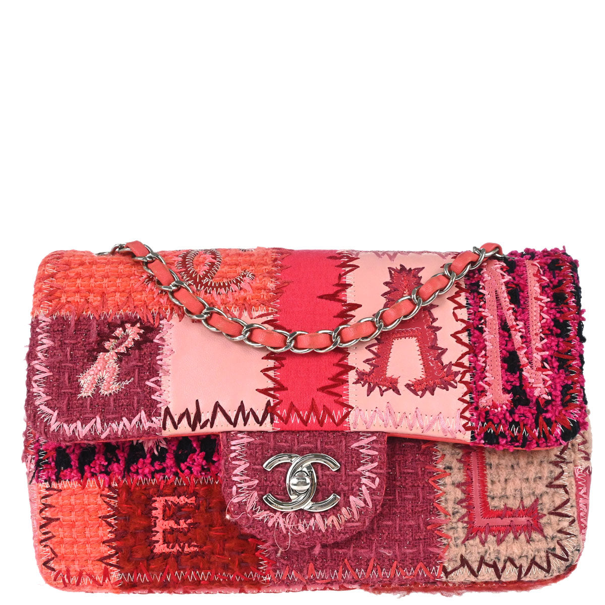 Chanel 2017 Pink Tweed Patchwork Single Flap Shoulder Bag