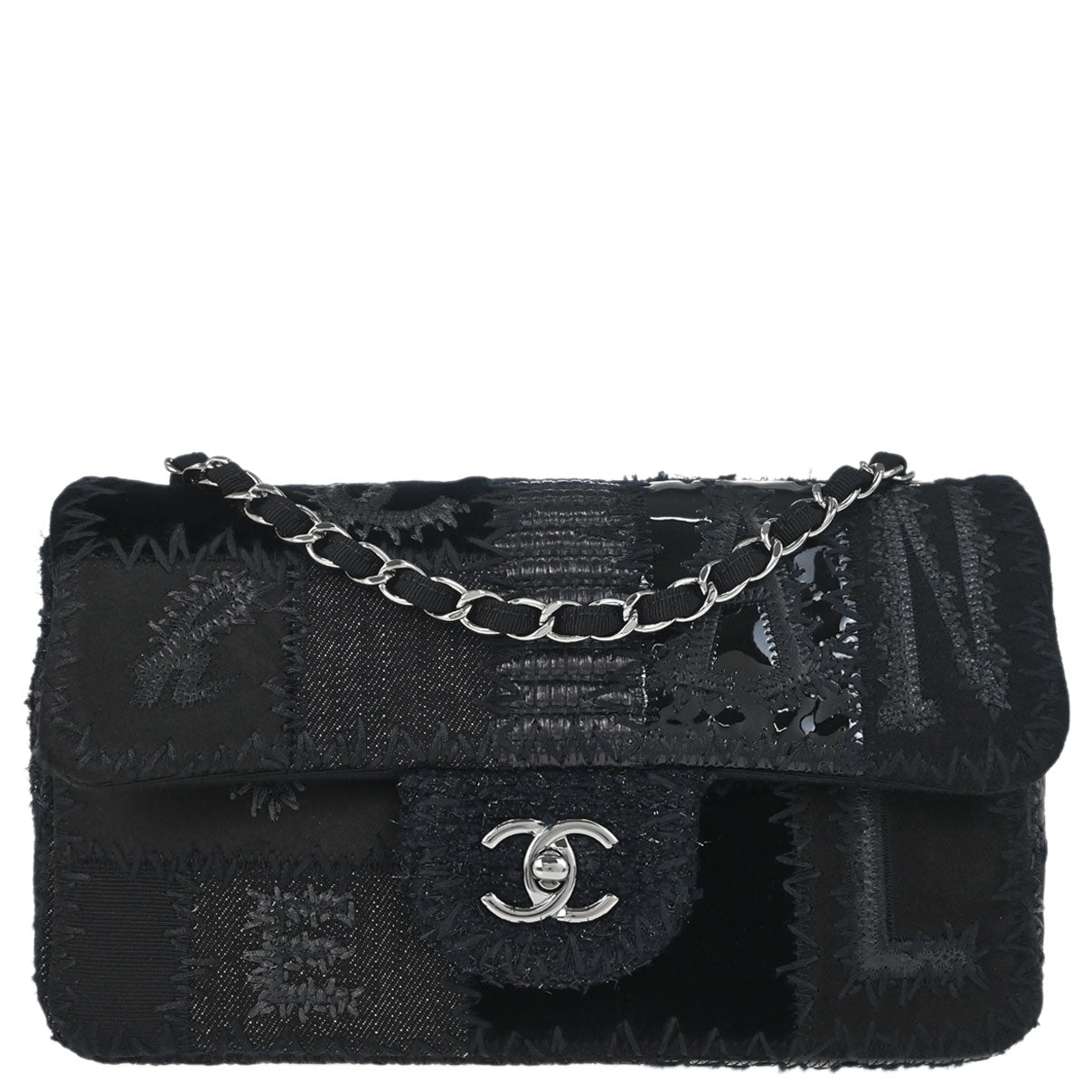 Chanel 2018 Black Denim Tweed Patchwork Single Flap Shoulder Bag
