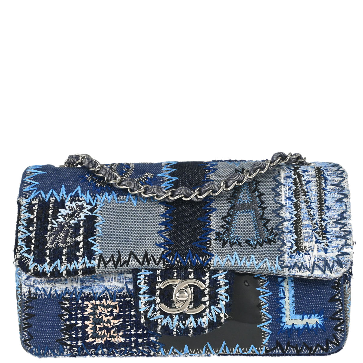 Chanel 2015-2016 Blue Tweed Patchwork Single Flap Shoulder Bag