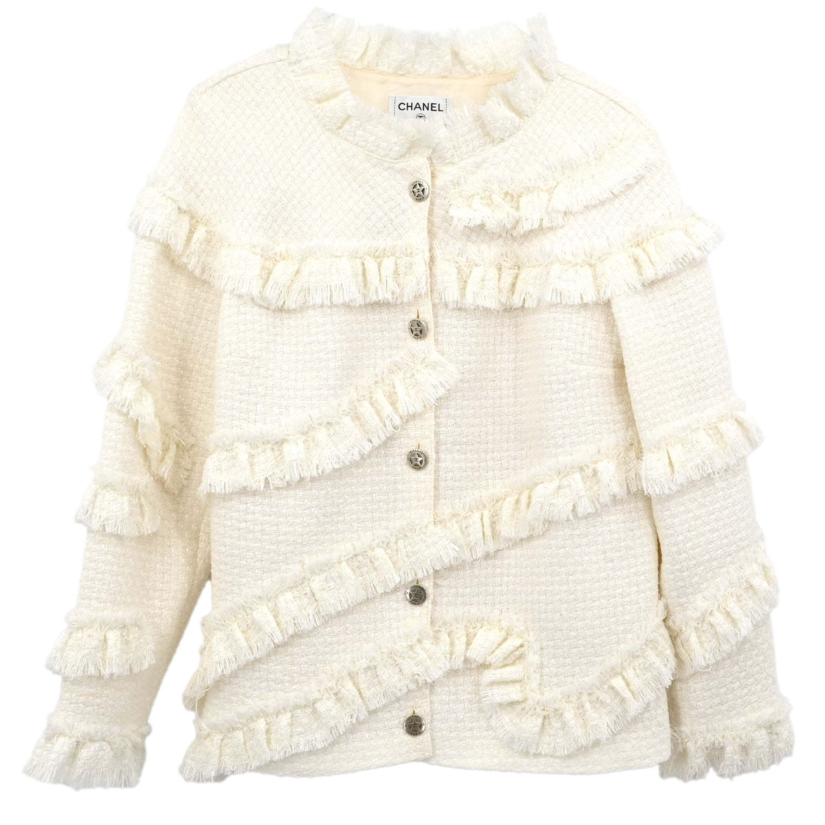 Chanel 2014 Single Breasted Fringe Tweed Jacket White #36